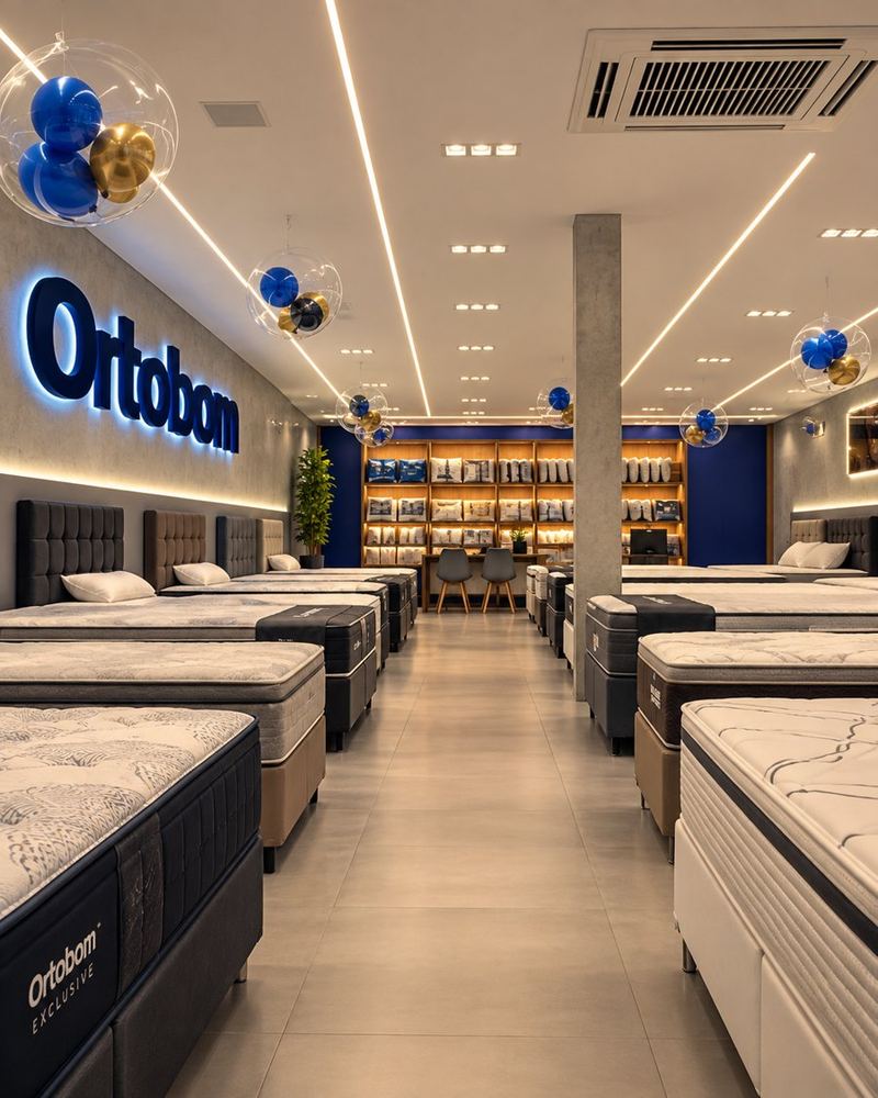 Salão da Ortobom T-7 com colchões em exposição