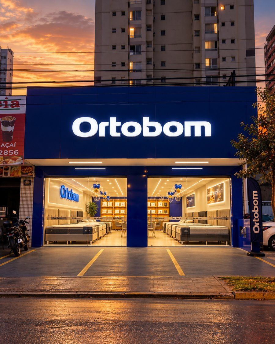 Fachada da Ortobom T-7 ao entardecer com vagas de estacionamento