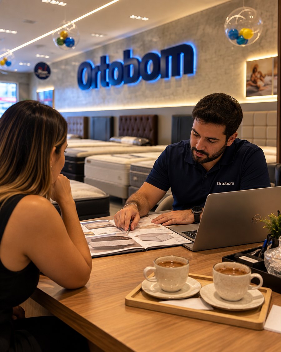 Consultor da Ortobom T-7 mostrando o catálogo a uma cliente na mesa de atendimento