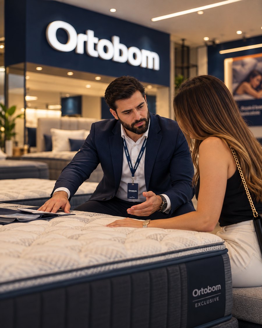 Consultor da Ortobom T-7 atendendo uma cliente ao lado de um colchão